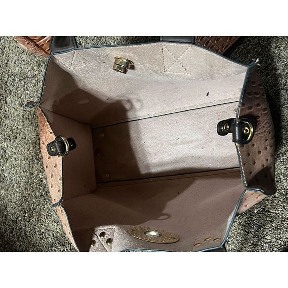 Leather Faux Ostrich Tote Bag Purse Make up Travel 3pc Set Punk and Brown - Picture 2 of 8